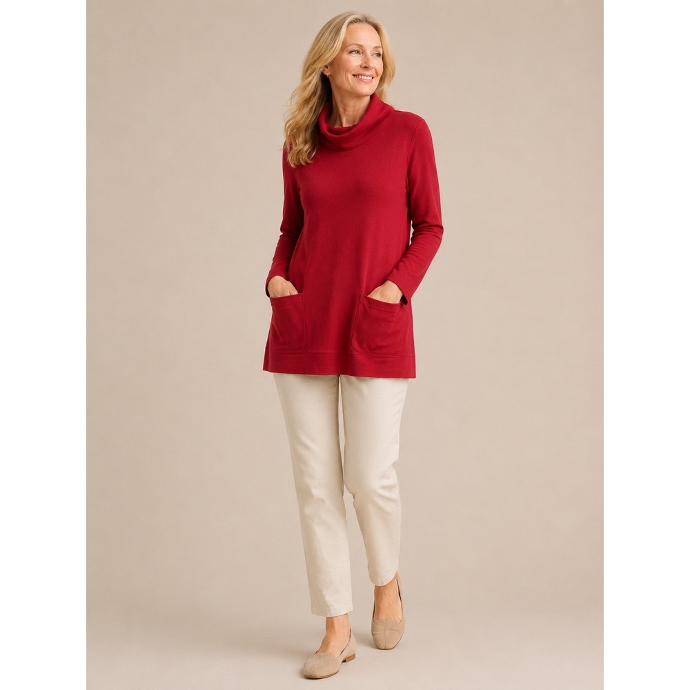 J. Jill Perfect Pima Womens XS Red Pima Cotton Turtleneck Tunic Pocket Top